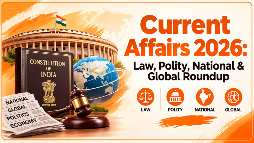 Current Affairs 2026: Law, Polity, National & Global Roundup – Indian Parliament, Constitution book, gavel and globe