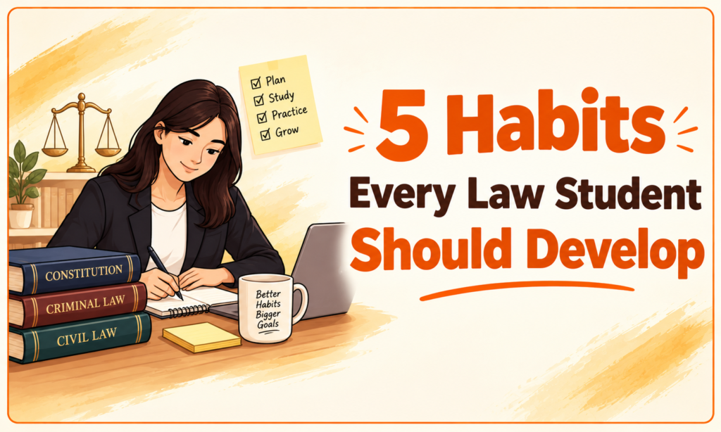 5 habits every law student should develop, featuring a law student studying with books, laptop, notes, and a justice scale.