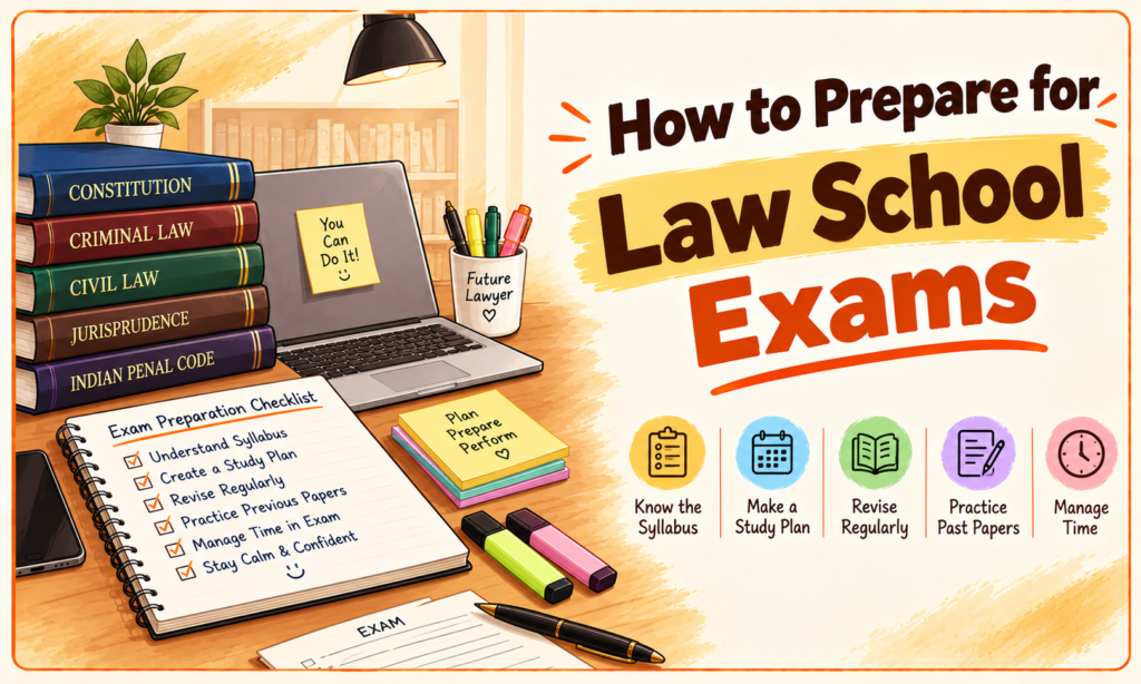 How to prepare for law school exams, featuring law books, a laptop, exam preparation checklist, study notes, and colorful highlighters.