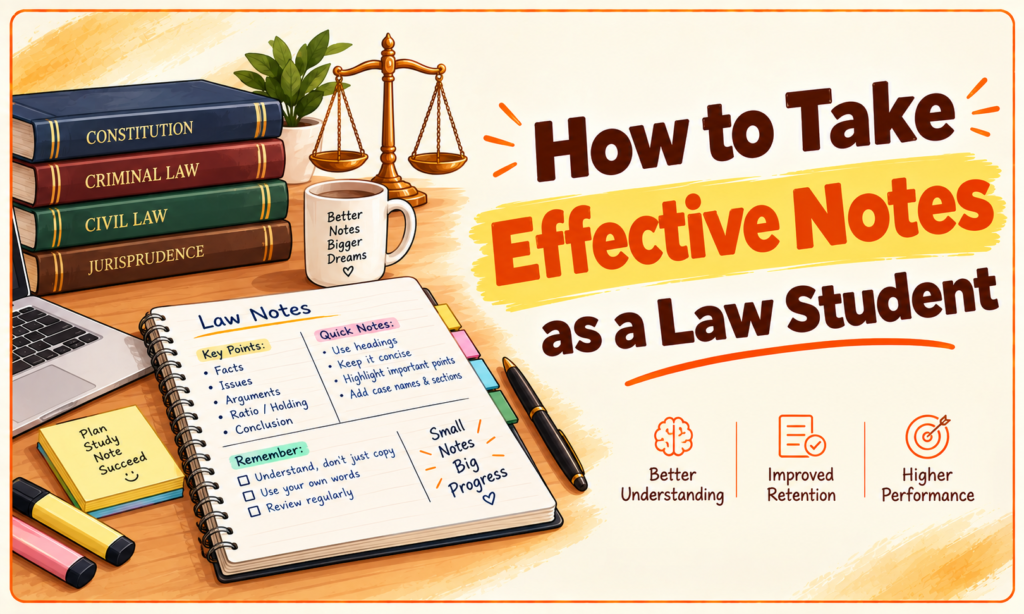 How to take effective notes as a law student, featuring law books, a notebook with note-taking tips, highlighters, a laptop, and justice scales.