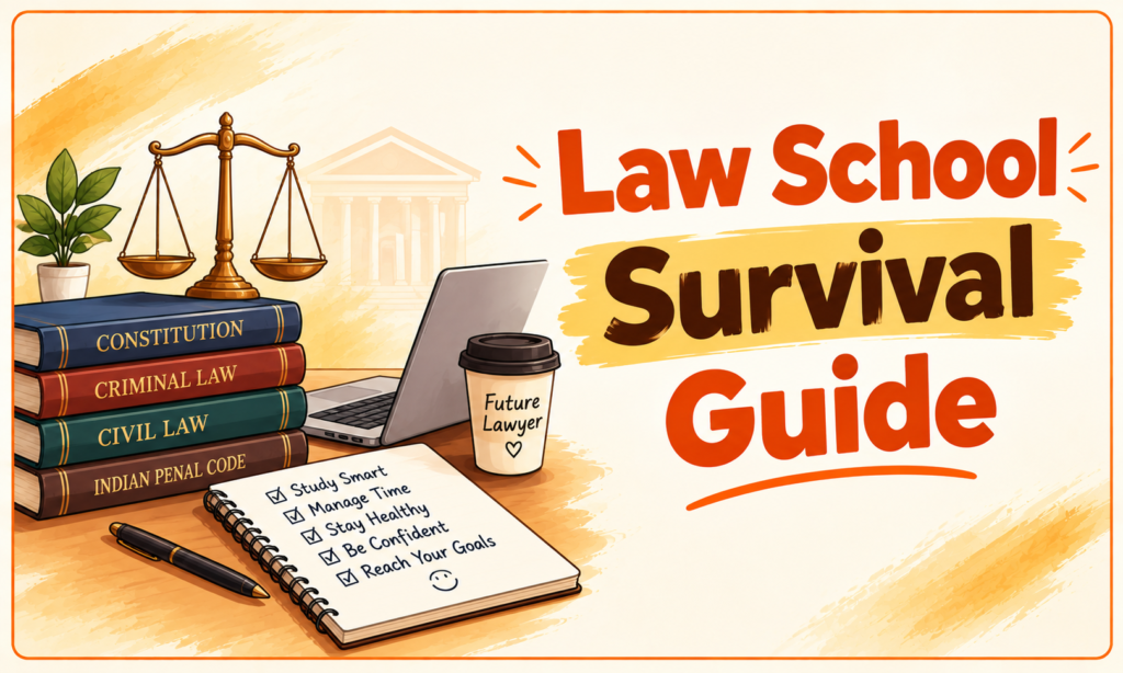 Law School Survival Guide featuring law books, a laptop, justice scales, study notes, and a coffee cup labeled “Future Lawyer.”