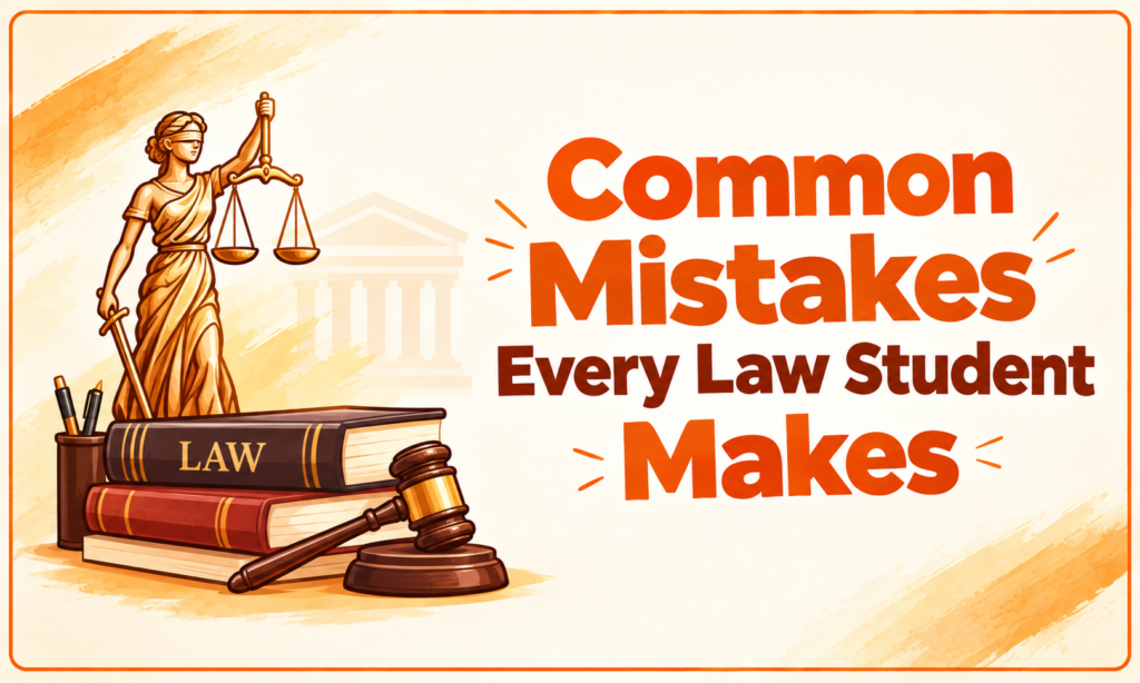 Common mistakes every law student makes, featuring Lady Justice, law books, and a judge’s gavel.