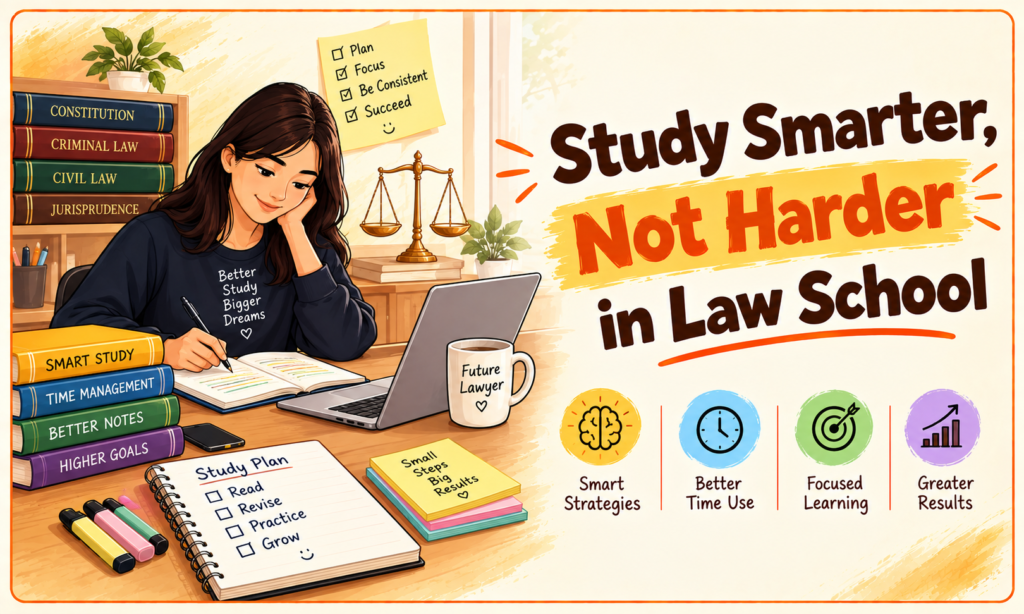 Study smarter, not harder in law school, featuring a law student studying with legal books, a laptop, notes, and a study planner.