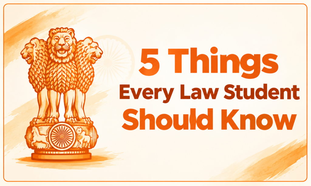 5 Things Every Law Student Should Know – legal education feature image with the Indian Lion Capital and orange theme