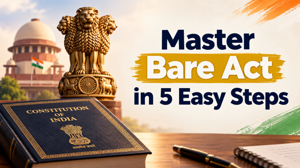 Master Bare Act in 5 Easy Steps blog thumbnail featuring the Constitution of India, Ashoka Lion Capital, and the Supreme Court of India.